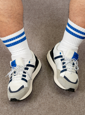 酷宝先生男士复古运动袜毛巾底吸汗透气长筒白袜白蓝条纹秋冬男袜