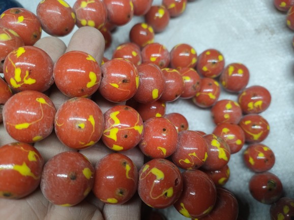 宝琉阁博山琉璃年份早手工红色凤眼老琉璃珠18-19mm5个搭配收藏