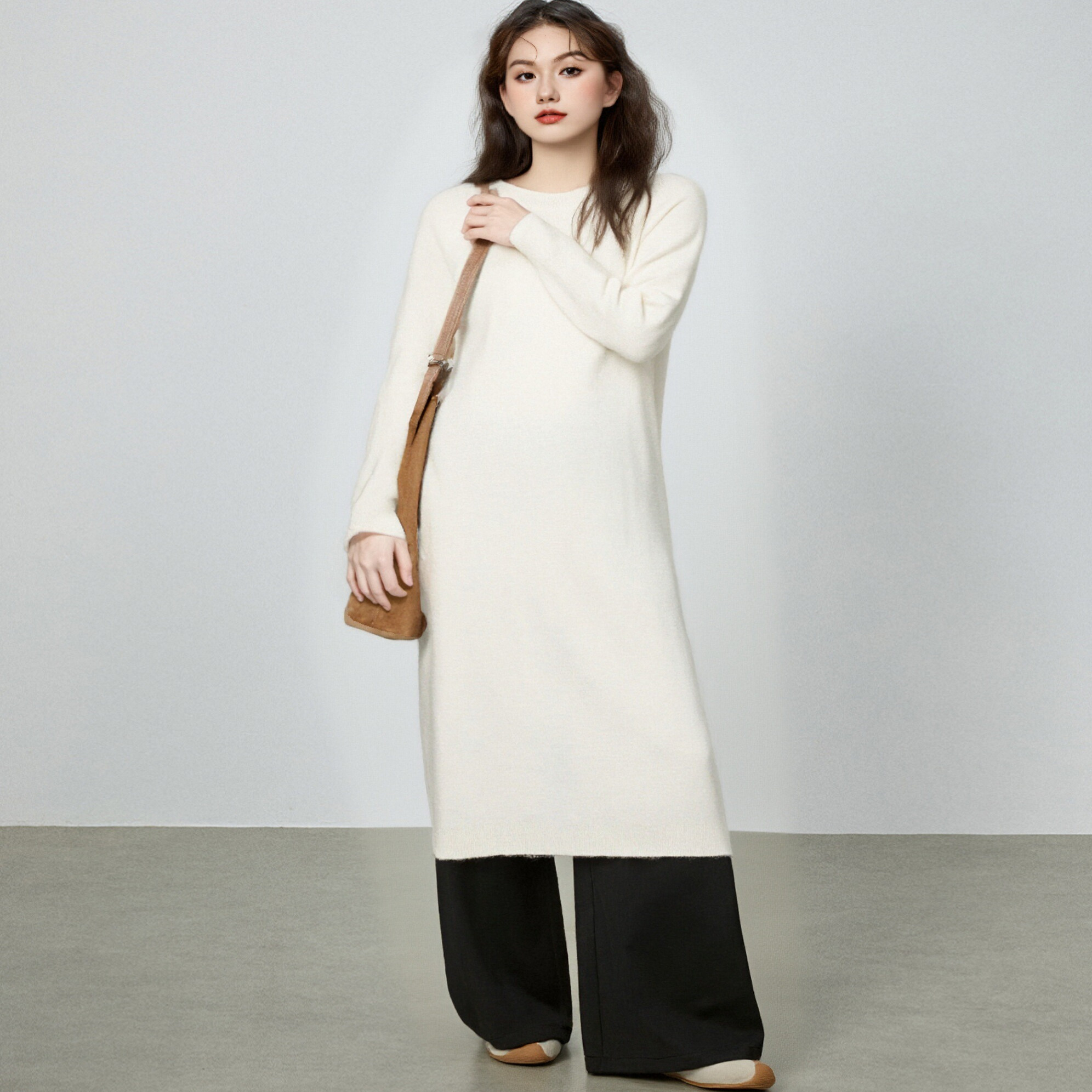 【清仓】圆领插肩袖毛衣裙女中长款裙子2024冬胖mm宽松针织连衣裙