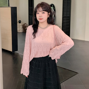 大码女装圆领镂空长袖上衣2024秋款胖妹妹mm外搭宽松遮肉针织衫女