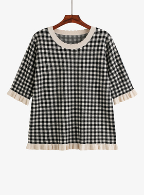 大码女装圆领荷叶边短袖上衣女格子衫2025秋季新款胖mm显瘦针织衫