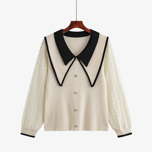 大码女装polo领撞色拼接蕾丝长袖上衣2024秋胖mm减龄毛衣女针织衫