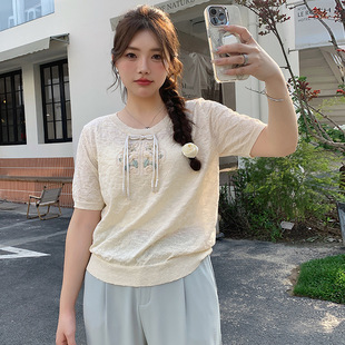 大码女装圆领中式国风盘扣上衣女2026夏胖mm薄款宽松短袖t恤22328