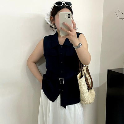 大码女装无袖收腰衬衫女polo领上