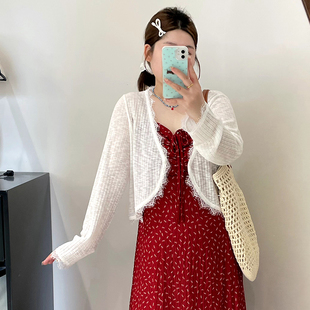 女装 上衣女外搭薄款 大码 v领拼接花边短款 小衫 2025夏胖mm针织开衫