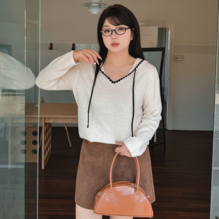 大码 女装 休闲连帽卫衣女上衣2025春款 胖妹妹mm百搭宽松v领针织衫