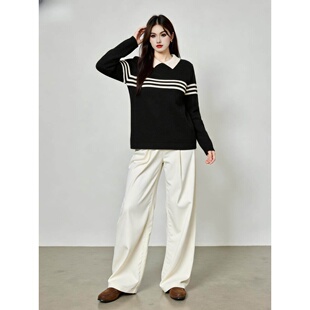 大码女装polo领撞色条纹长袖毛衣2025冬胖mm休闲宽松针织衫