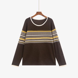 上衣2025冬胖mm宽松针织衫 圆领撞色条纹毛衣女长袖 女装 大码