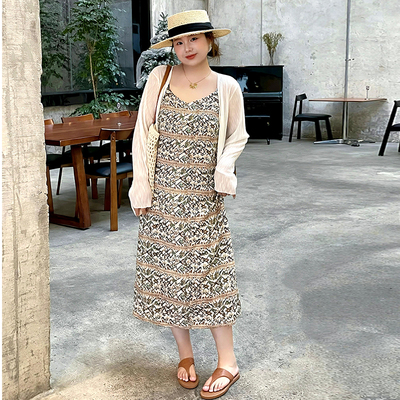 200斤大码女装复古波西米亚风吊带裙2025夏款胖mm海边度假连衣裙