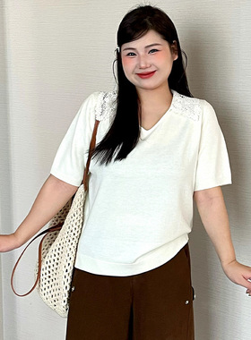 大码女装镂空花边POLO领针织衫2026春夏款胖mm休闲短袖t恤女23770