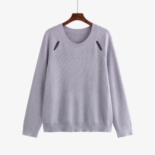 女休闲百搭上衣2024秋款 针织衫 胖mm宽松遮肉毛衣 圆领镂空长袖 大码