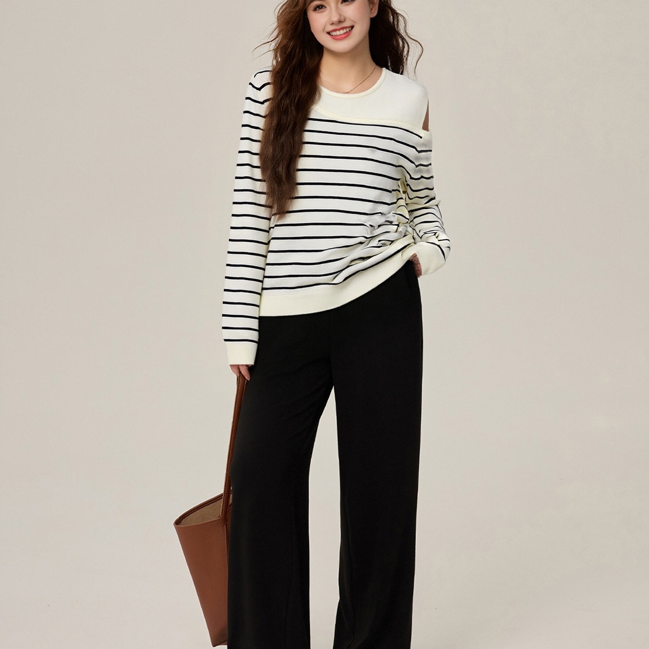 大码女装设计感不规则露肩上衣2025秋季新款胖mm宽松休闲针织衫女