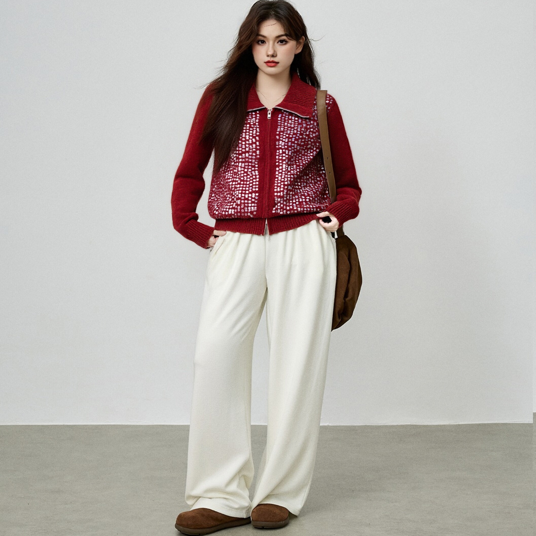 【清仓】设计感珠片上衣2024冬款胖mm宽松休闲外套女针织开衫毛衣