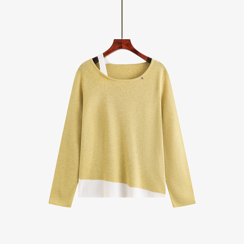 大码女装假两件露肩圆领上衣2025秋季新款胖mm宽松休闲针织衫女