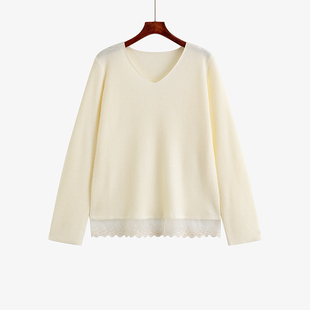 胖mm打底衫 大码 新款 拼接花边v领上衣2025秋季 女休闲气质针织 女装