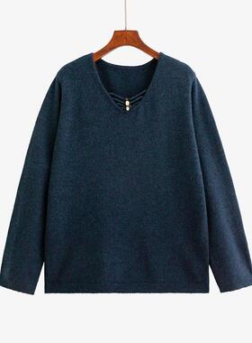 大码女装设计感v领钉珠上衣2025冬胖mm宽松休闲毛衣女针织衫23656