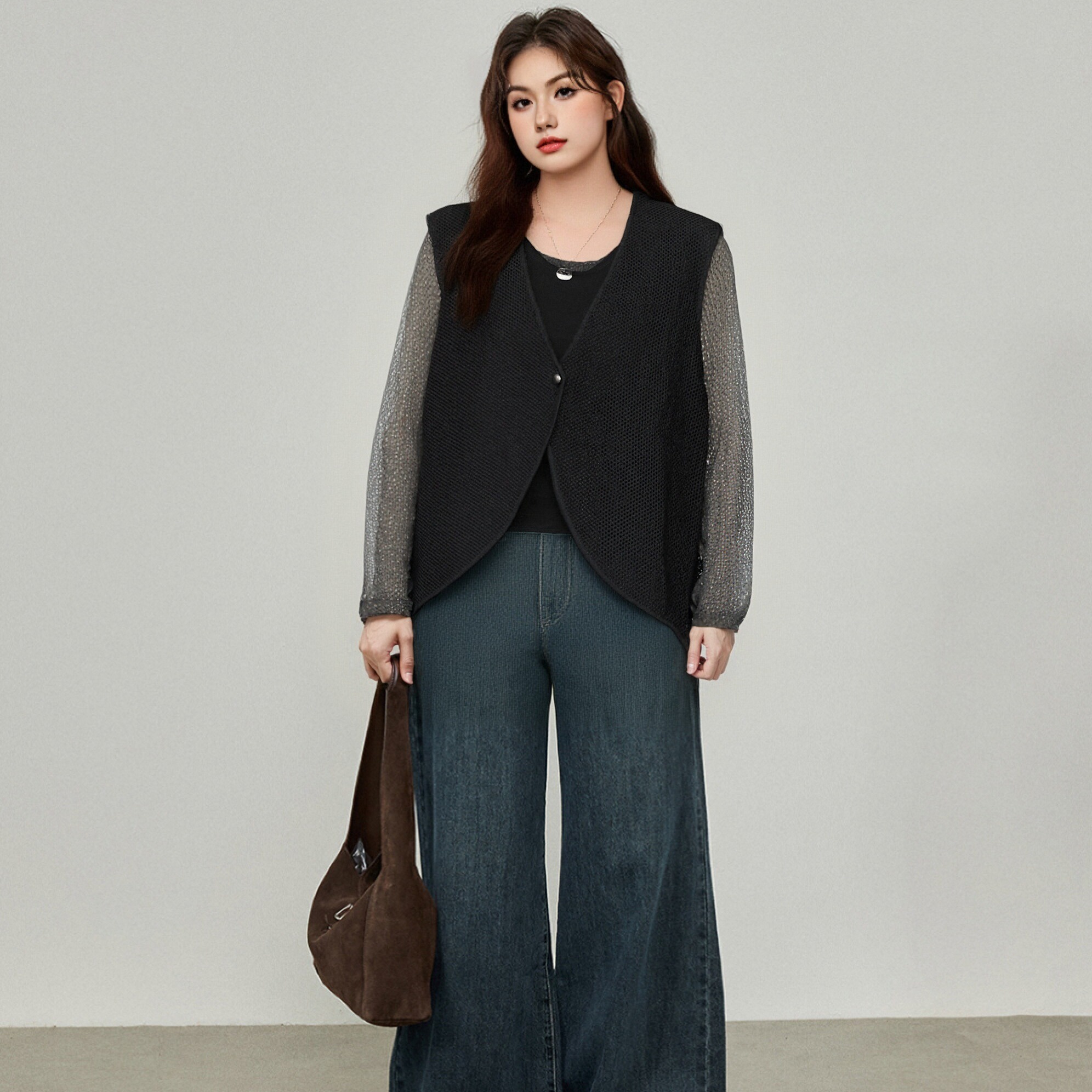 大码女装v领外搭无袖上衣女开衫2024年早秋胖mm宽松针织马甲背心