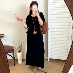 2025秋款 大码 上衣女半裙针织套装 圆领宽松短袖 胖mm休闲两件套 女装