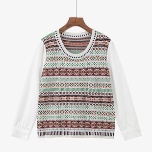 大码女装复古设计感拼接长袖上衣2025秋款胖mm休闲针织衫女22903