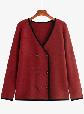 【清仓】v领双排扣外套女气质红色毛衣2024秋冬胖mm宽松针织开衫