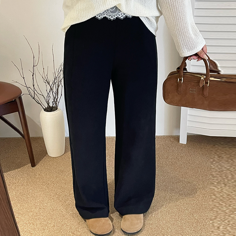 大码设计感拼接花边休闲裤女直筒裤秋2025新款胖mm宽松阔腿裤长裤