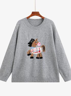 大码女装2025冬装圆领提花小马毛衣宽松慵懒上衣胖mm针织衫23688