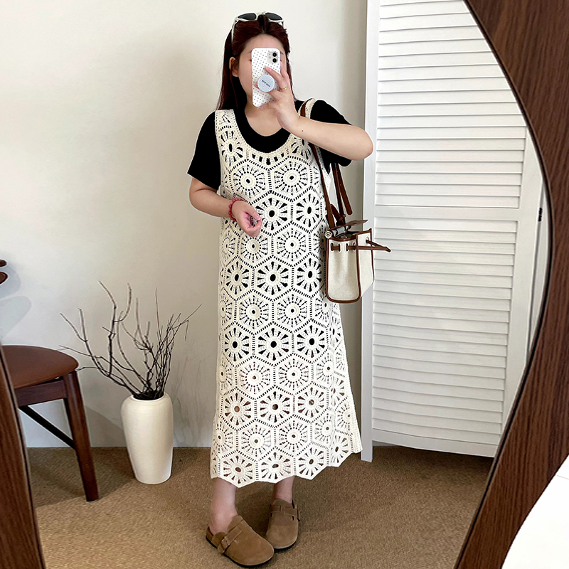 大码女装复古民族风钩花针织连衣裙2025秋款胖mm宽松外搭背心裙女