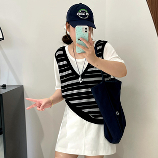 t恤 大码 女装 圆领假两件上衣女显瘦条纹针织衫 2025夏胖mm宽松短袖