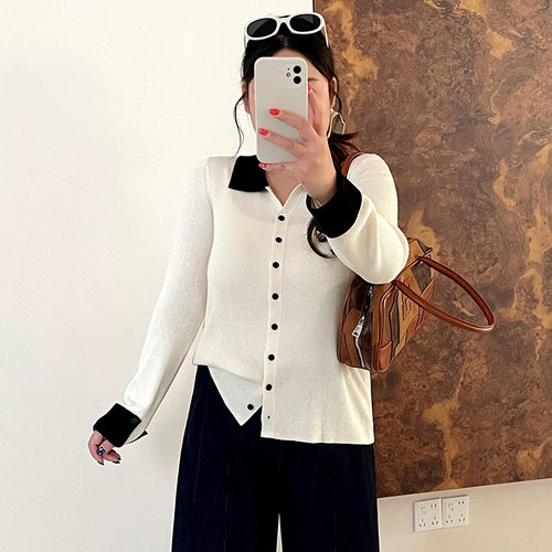 胖mm气质撞色翻领针织开衫女2026