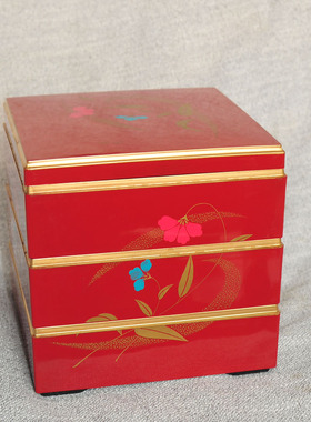 日本中古红色花卉图案三层漆器盒金边装饰可叠放收纳盒漆器