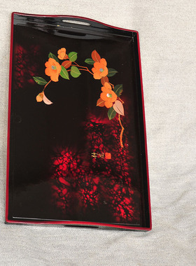 日本古典花卉漆器托盘黑色高档送礼装饰摆件中古