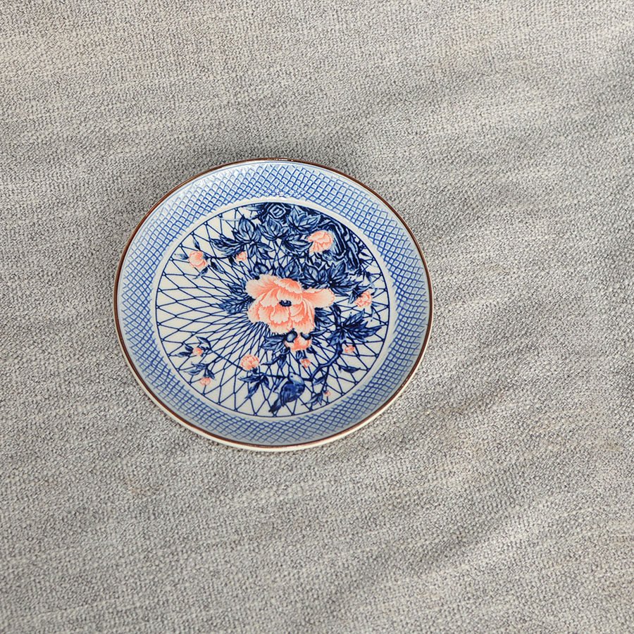 日本中古青花瓷陶瓷茶盘圆形古典花卉纹中式茶具金边装饰功夫茶台