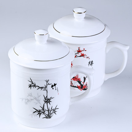 陶瓷茶杯带盖创意中式水杯家用办公室泡茶杯耐热耐高温陶瓷会议杯