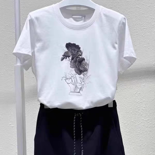 圆领短袖 女装 T恤 精致花朵刺绣夏季 白色上衣 新款 简约休闲百搭t恤