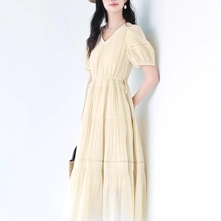 连衣裙 夏季女装新款精致花边拼接设计感收腰显瘦公主裙仙女长裙