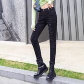 新品 高腰修身 显瘦破洞弹力小脚裤 牛仔裤 长裤 女装 百搭铅笔裤 夏季