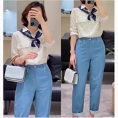 新款 女装 通勤复古休闲裤 水洗舒适显瘦直筒裤 子 牛仔裤 九分裤 时尚