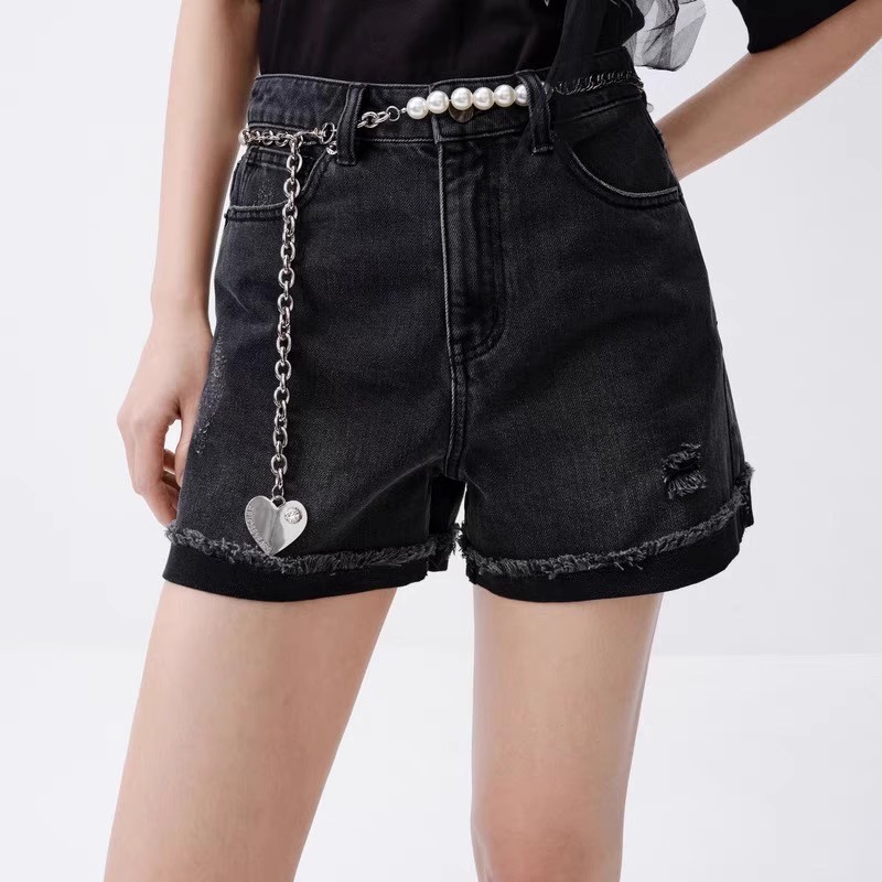 牛仔短裤 夏季女装新款破洞做旧毛边设计双口袋链条配饰百搭热裤