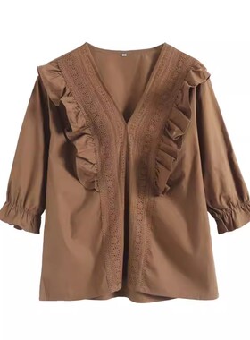 衬衫 时尚女装新款轻熟风荷叶边饰镂空蕾丝衬衣七分袖V领罩衫上衣