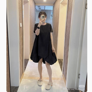 夏季 花苞裙气质时尚 女装 宽松简约圆领短袖 百搭中长裙 新款 连衣裙