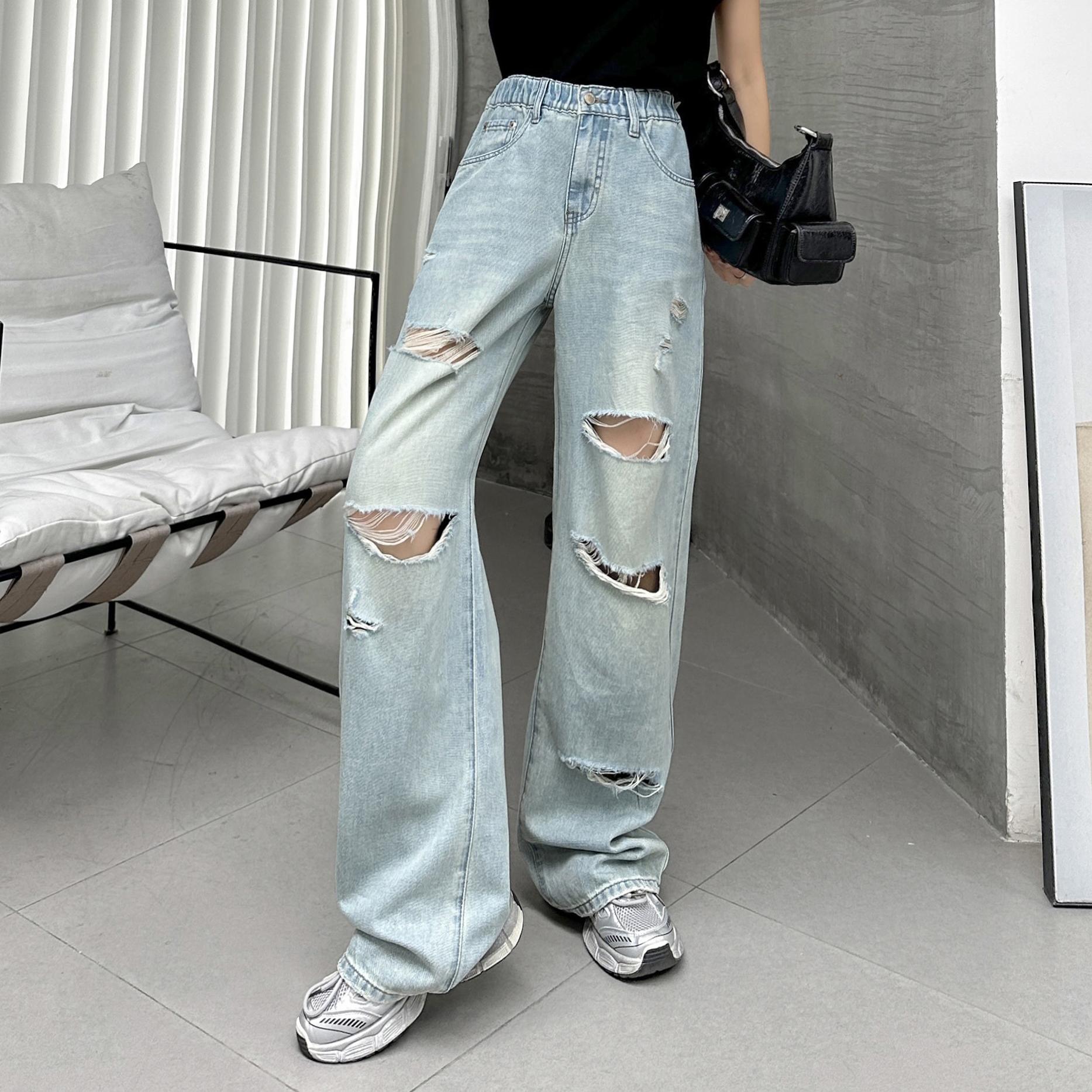 破洞阔脚裤薄款高腰显瘦遮跨