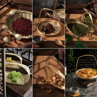 竹编手提箩筐篮子托盘干货月饼糕点红糖摆拍照拍摄影道具背景纸布