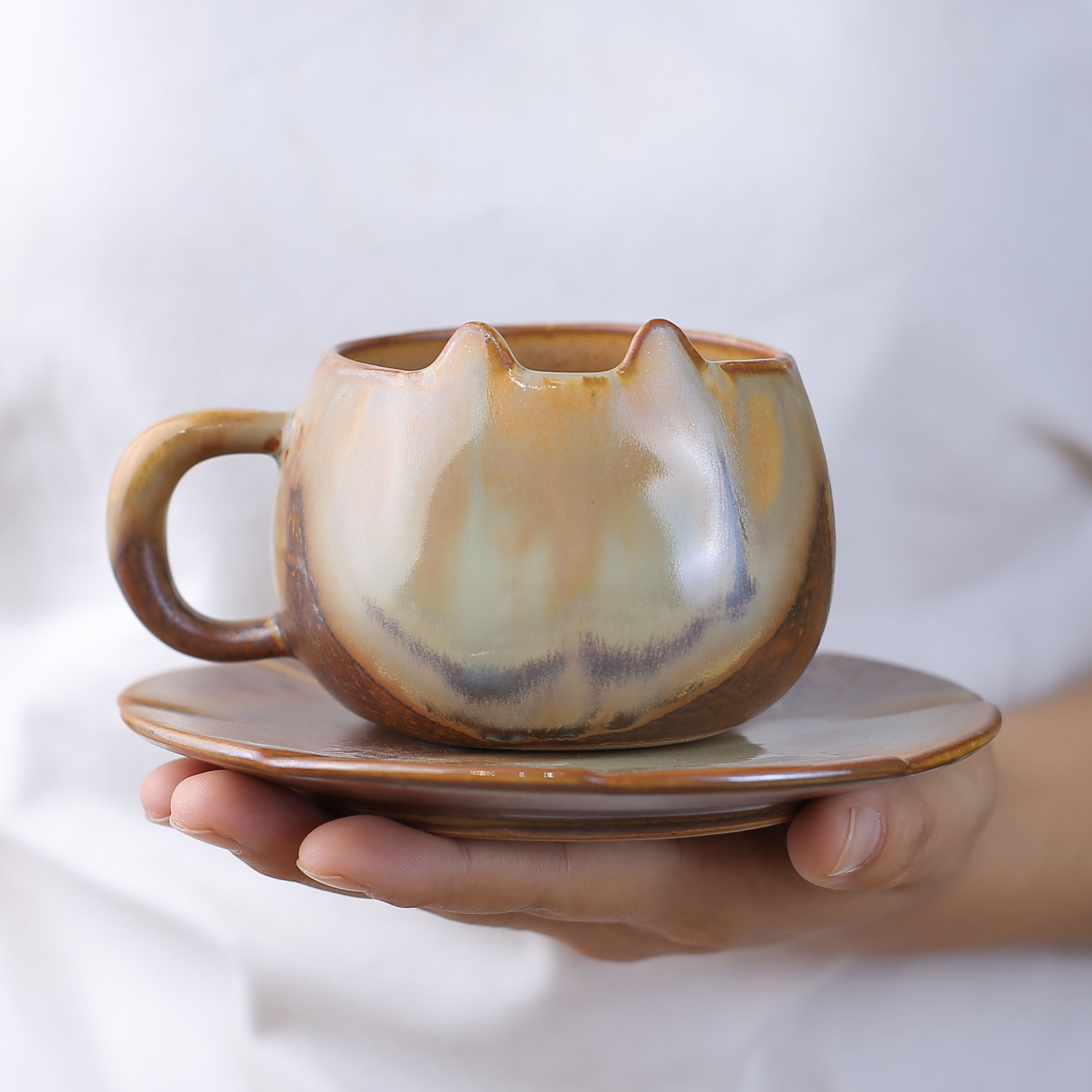 景德镇猫咪柴烧咖啡杯 手工陶瓷女士带碟下午茶家用水杯马克杯