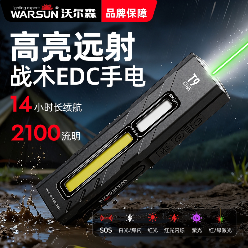 沃尔森T9pro强光手电筒超亮充电EDC小型便携随身远射户外磁吸工作