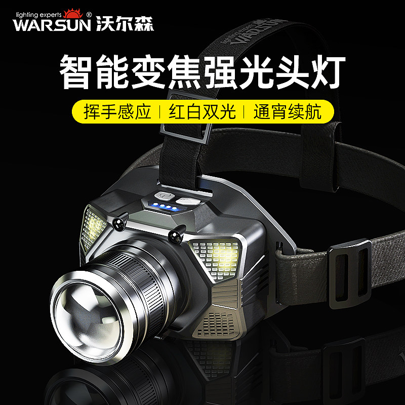 沃尔森户外充电强光超亮LED头戴式夜钓感应钓鱼专用锂电头灯电筒