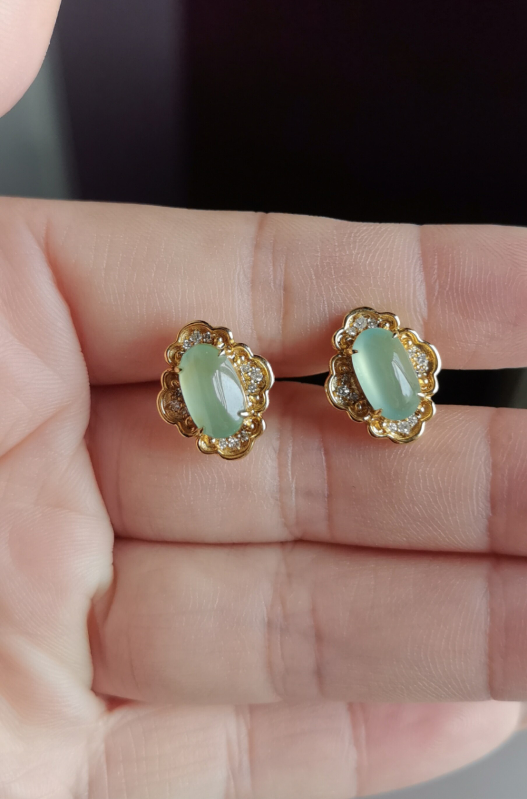 精致古风天然翡翠耳钉女au750金镶玉耳饰小巧精致轻奢玉耳环