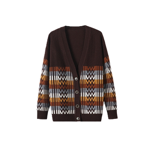 日神新款大V领羊绒衫女纯山羊绒开衫外套秋冬时尚拼色条纹毛衣