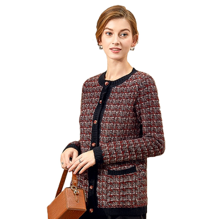 日神冬季新款圆领羊绒开衫女中老年加厚格子针织开衫保暖毛衣外套