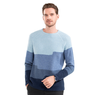 日神秋冬新款加厚羊绒衫男圆领时尚拼色插肩针织衫情侣款套头毛衣