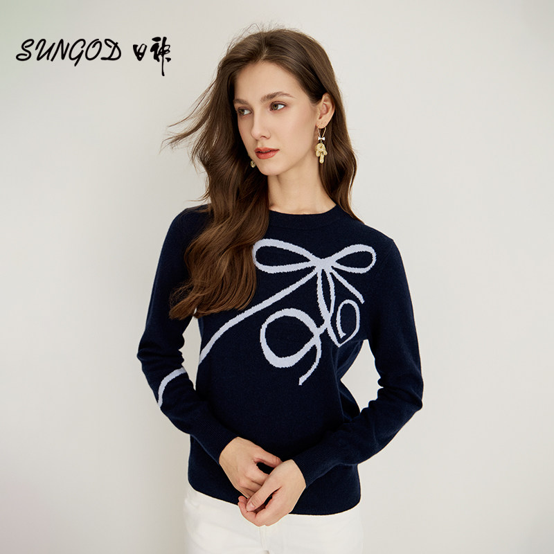 日神2025新款蝴蝶结提花圆领羊绒衫女时尚洋气打底衫套头针织毛衣,女装/女士精品,羊绒衫,淘宝优惠券,粉丝福利购,淘宝优惠卷